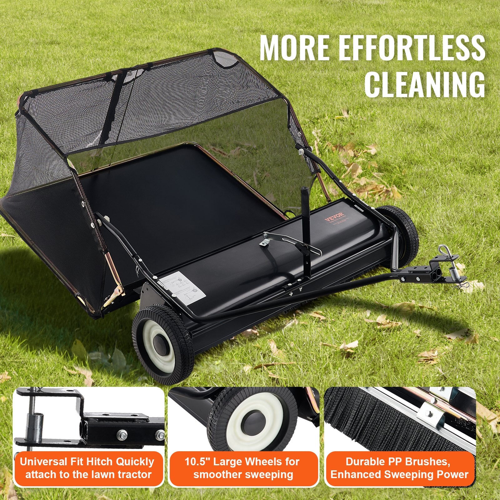 Tow-Behind Lawn Sweeper 132cm Leaf Yard Collector 26 cu.ft. Adjustable