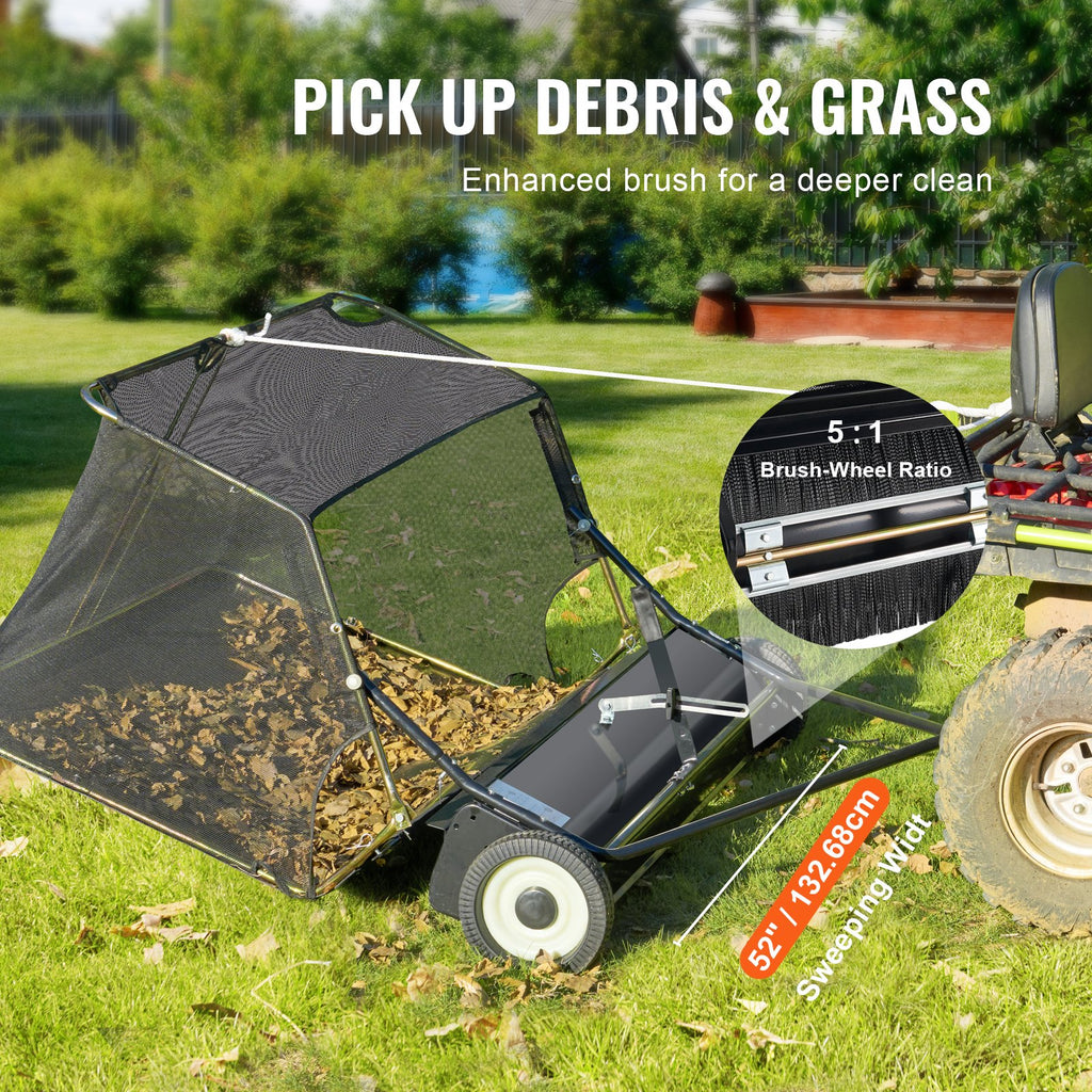 Tow-Behind Lawn Sweeper 132cm Leaf Yard Collector 26 cu.ft. Adjustable
