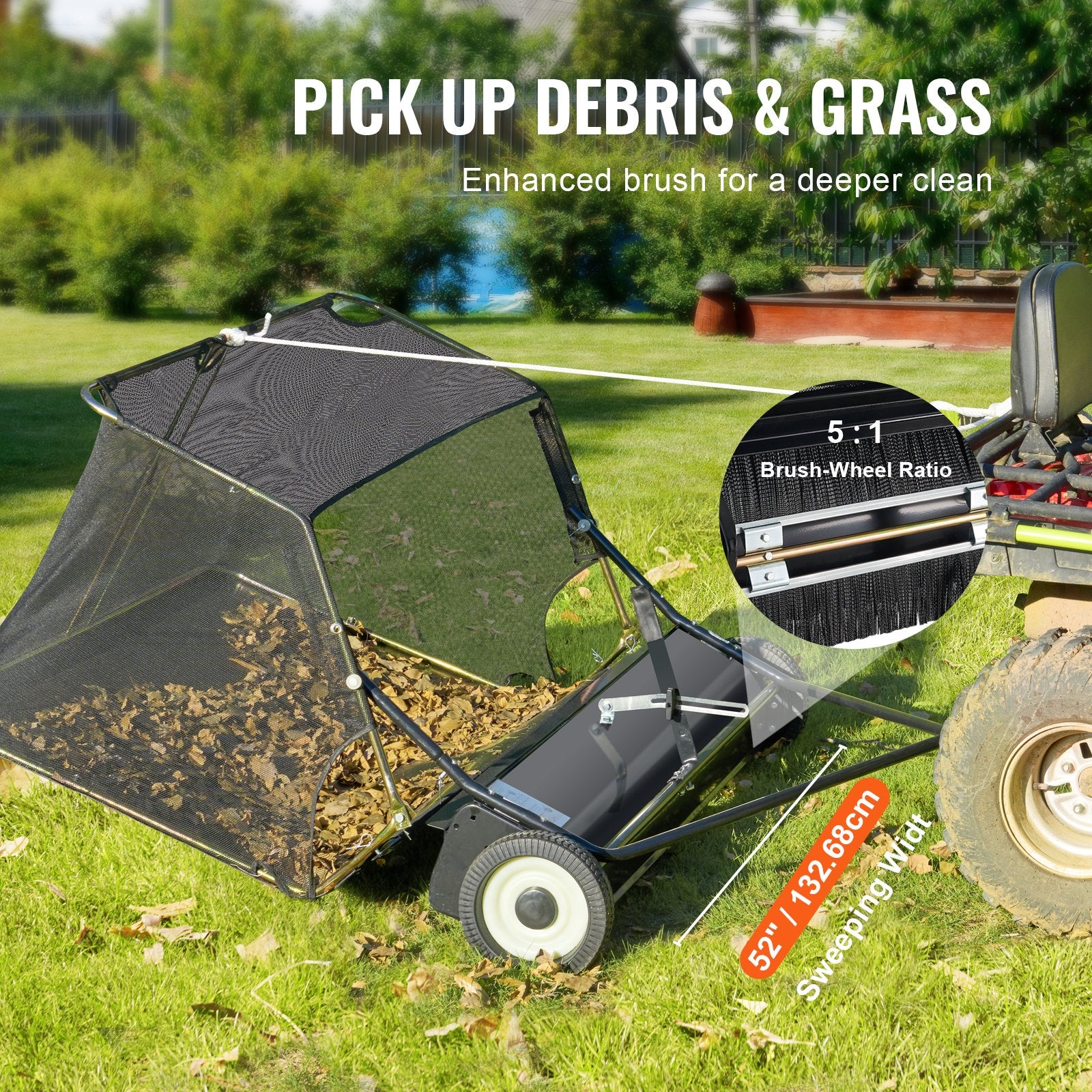Tow-Behind Lawn Sweeper 132cm Leaf Yard Collector 26 cu.ft. Adjustable