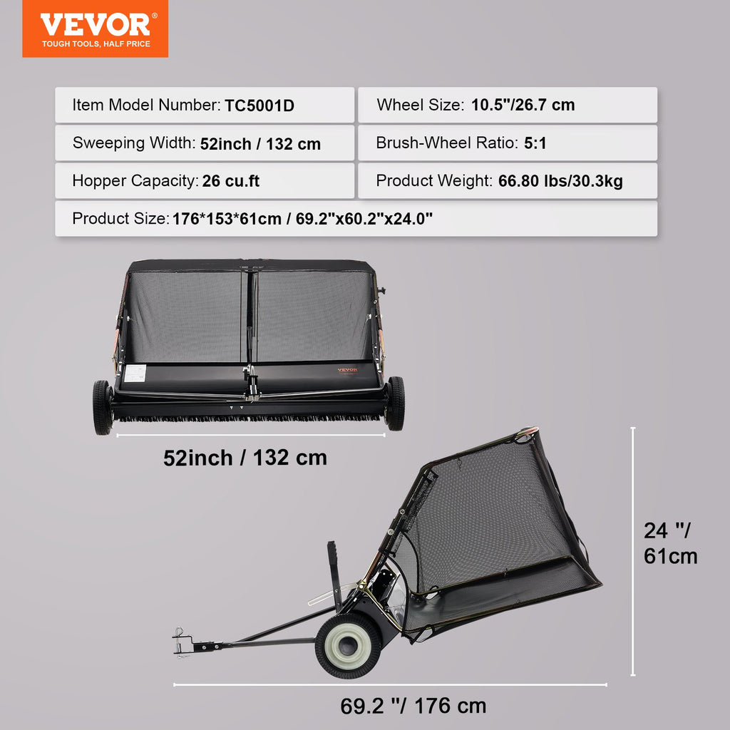 Tow-Behind Lawn Sweeper 132cm Leaf Yard Collector 26 cu.ft. Adjustable