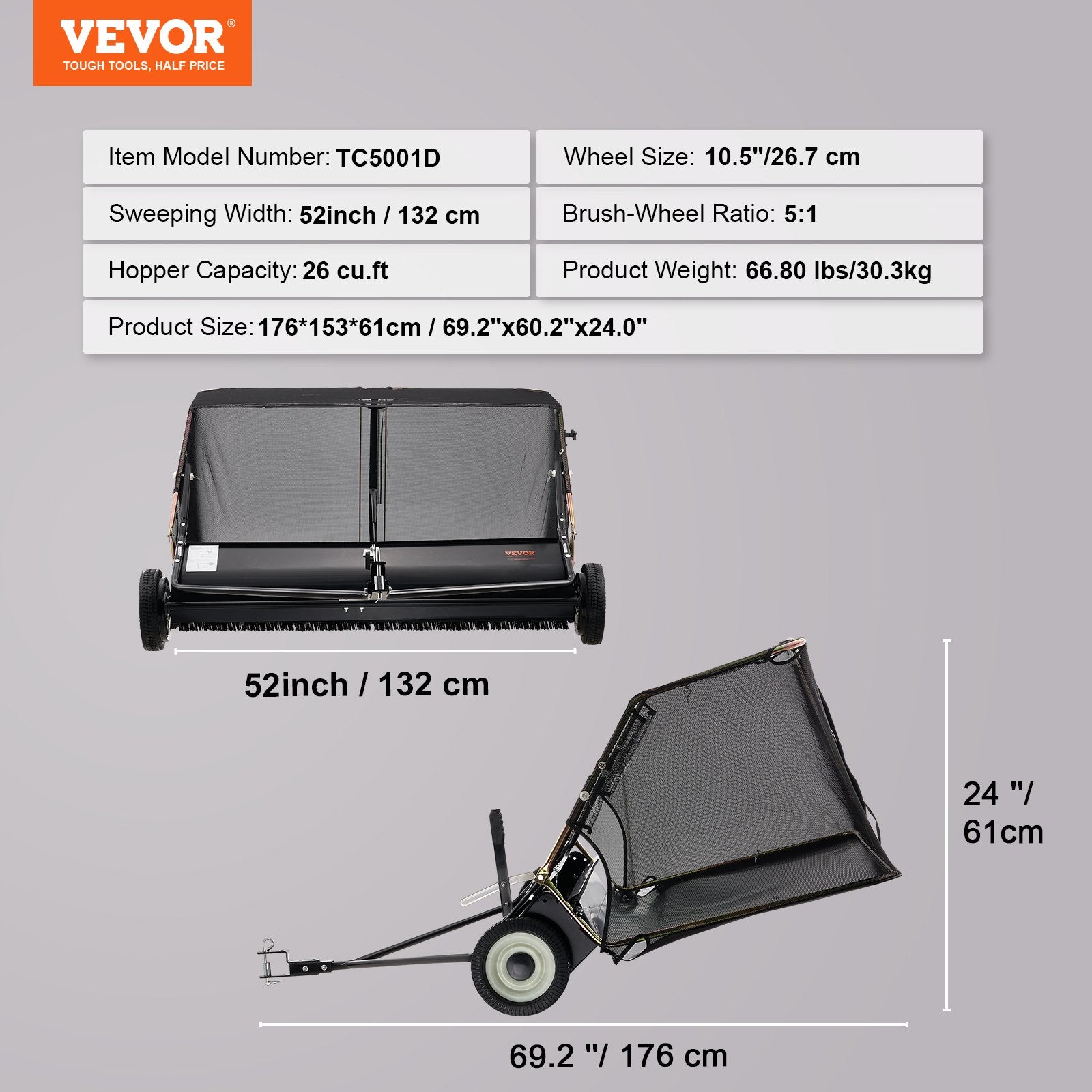 Tow-Behind Lawn Sweeper 132cm Leaf Yard Collector 26 cu.ft. Adjustable