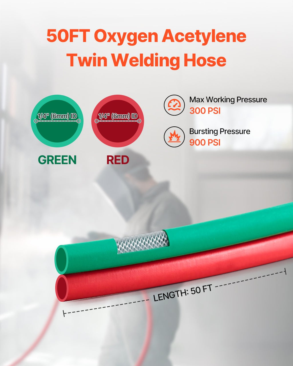 Oxygen Acetylene Hose 1/4-Inch x 50FT T Grade Hose 300PSI Max Working Pressure
