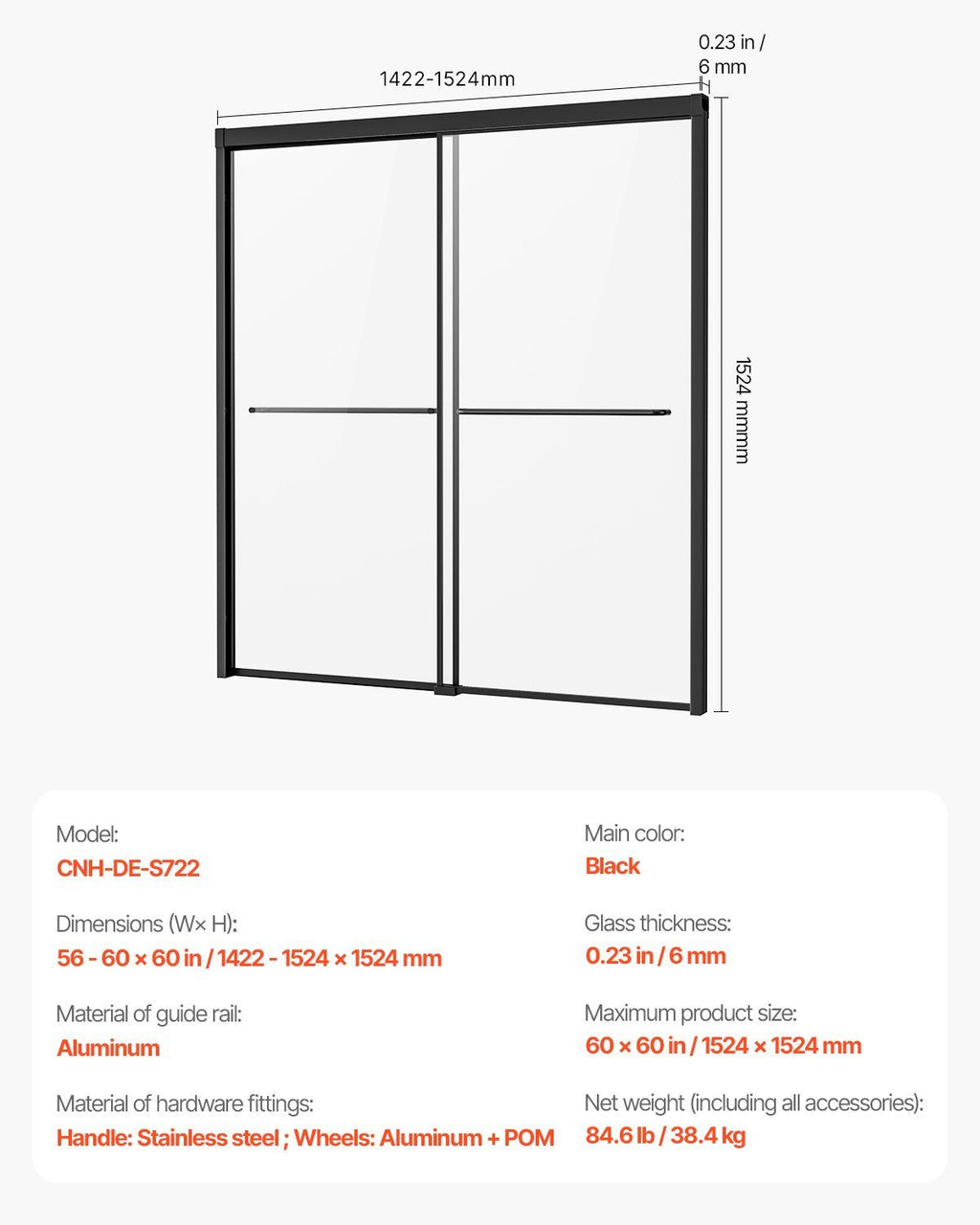 Bathtub Shower Door, 1422-1524 mm x 1524 mm, Semi-Frameless Double Sliding Tub Door, Semi-Frameless Bypass Tub Door with 1/4 in Shatterproof Tempered Glass and Stainless Steel Handle, Black