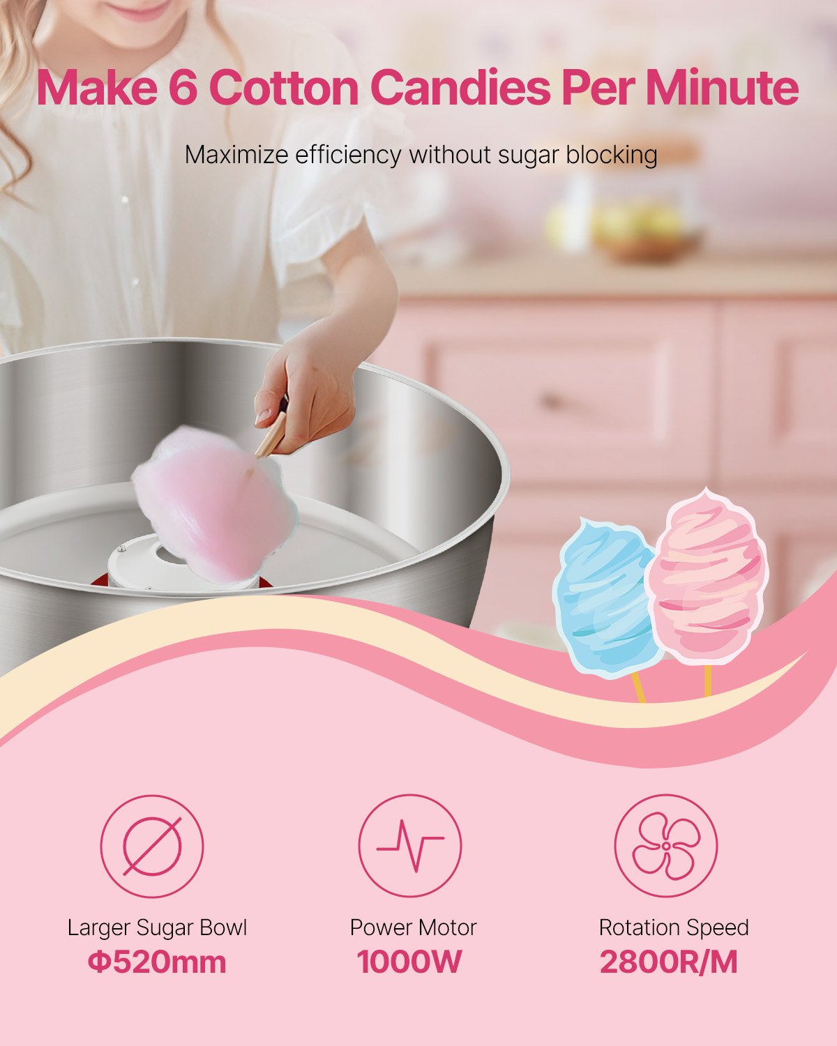 1000W Cotton Candy Machine with Drawer – Pink