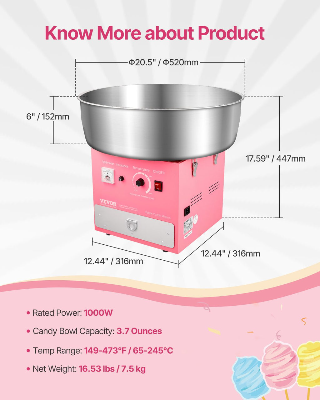 1000W Cotton Candy Machine with Drawer – Pink