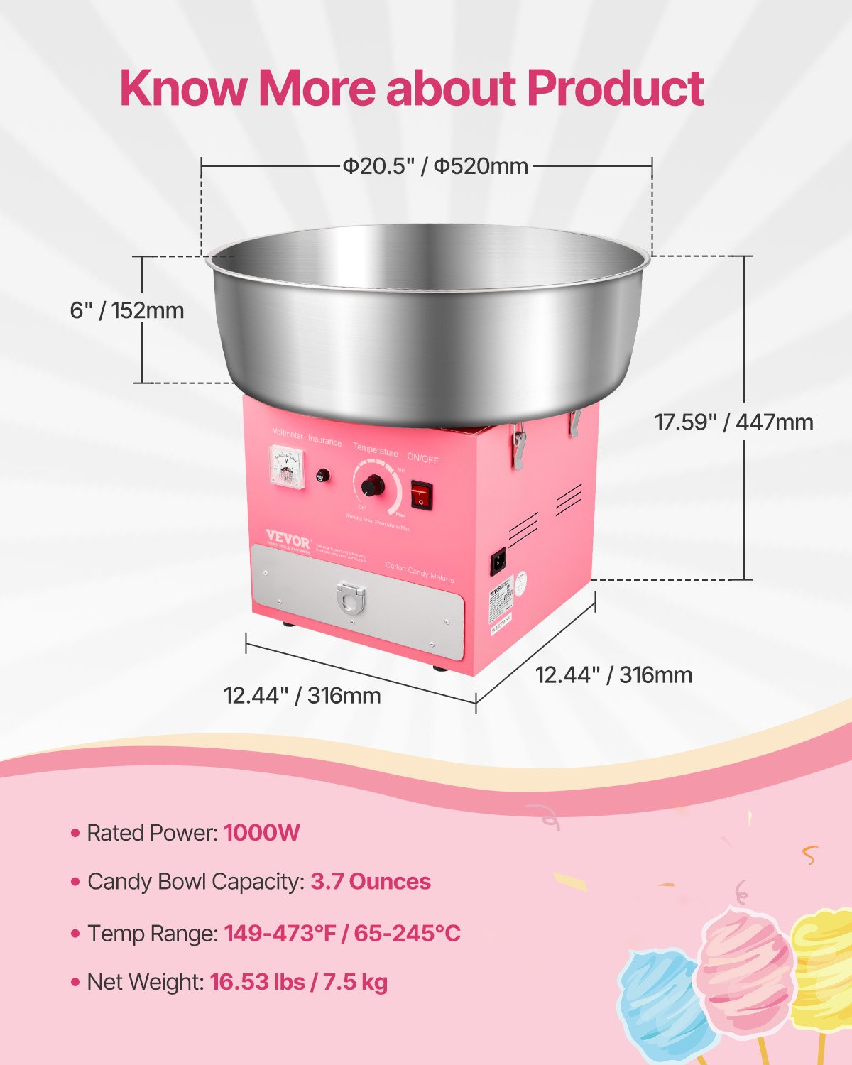 1000W Cotton Candy Machine with Drawer – Pink