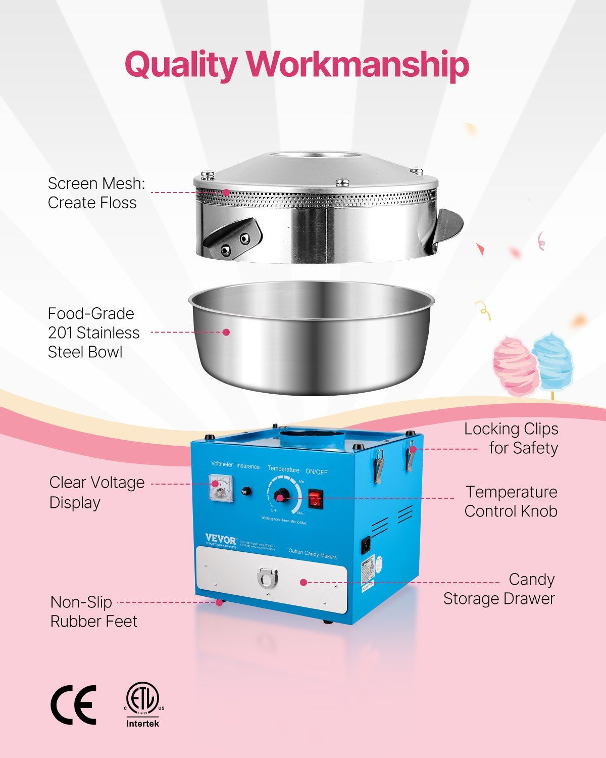 1000W Cotton Candy Machine with Drawer – Blue