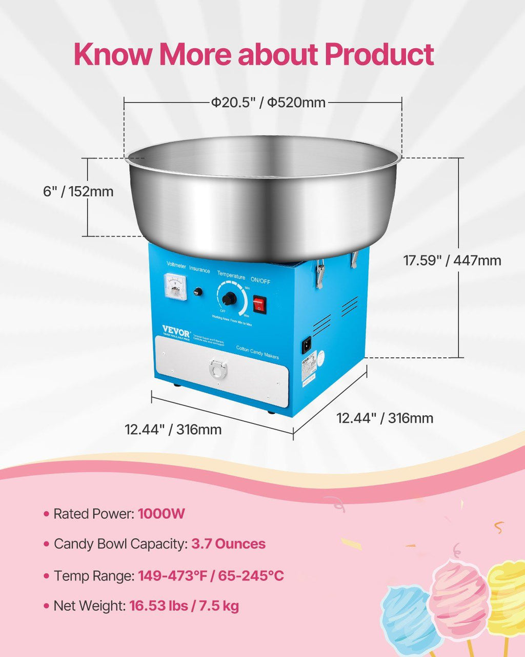 1000W Cotton Candy Machine with Drawer – Blue
