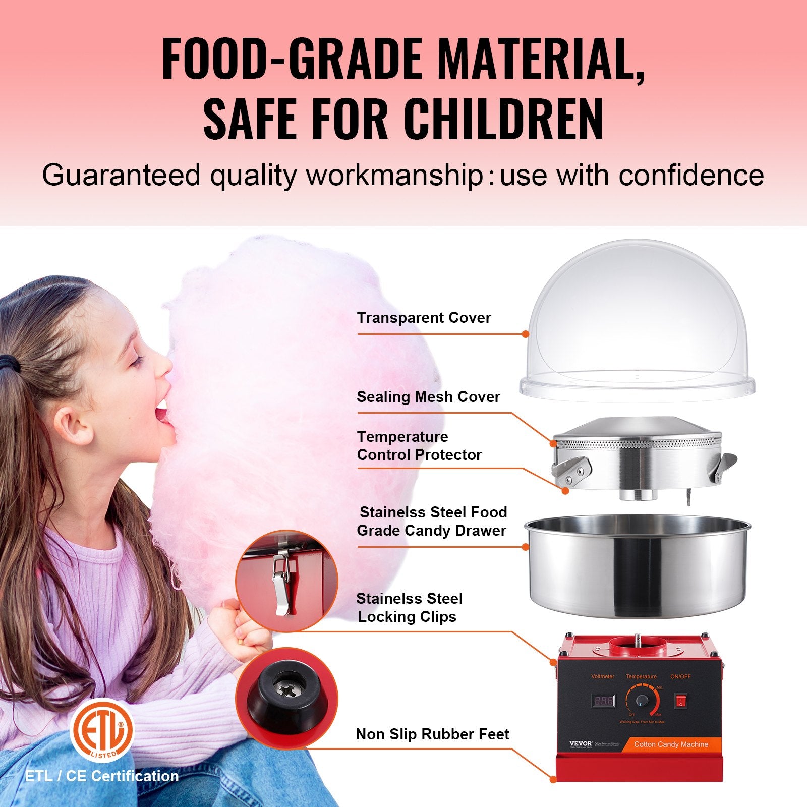 1000W Cotton Candy Machine with Cover – Red