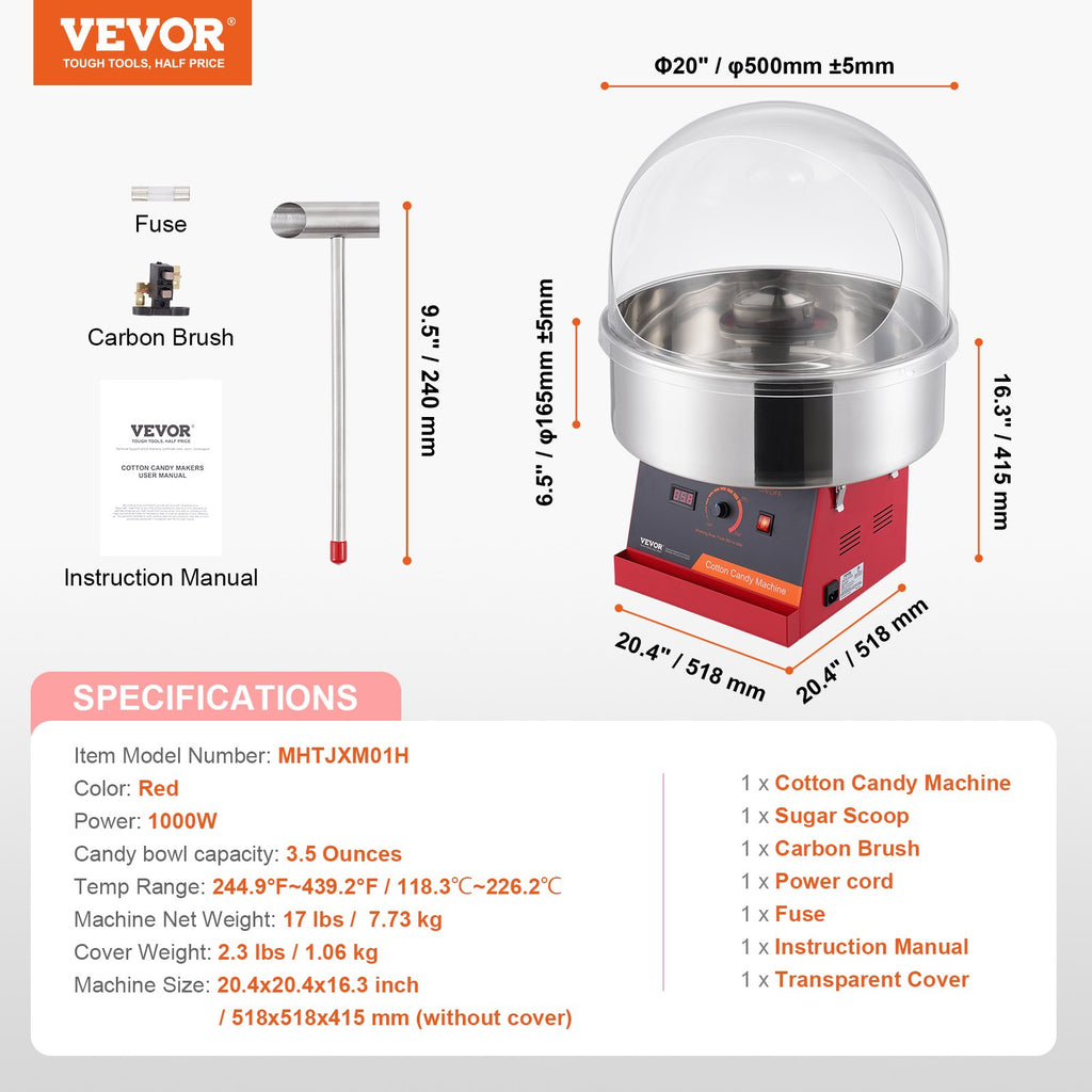 1000W Cotton Candy Machine with Cover – Red