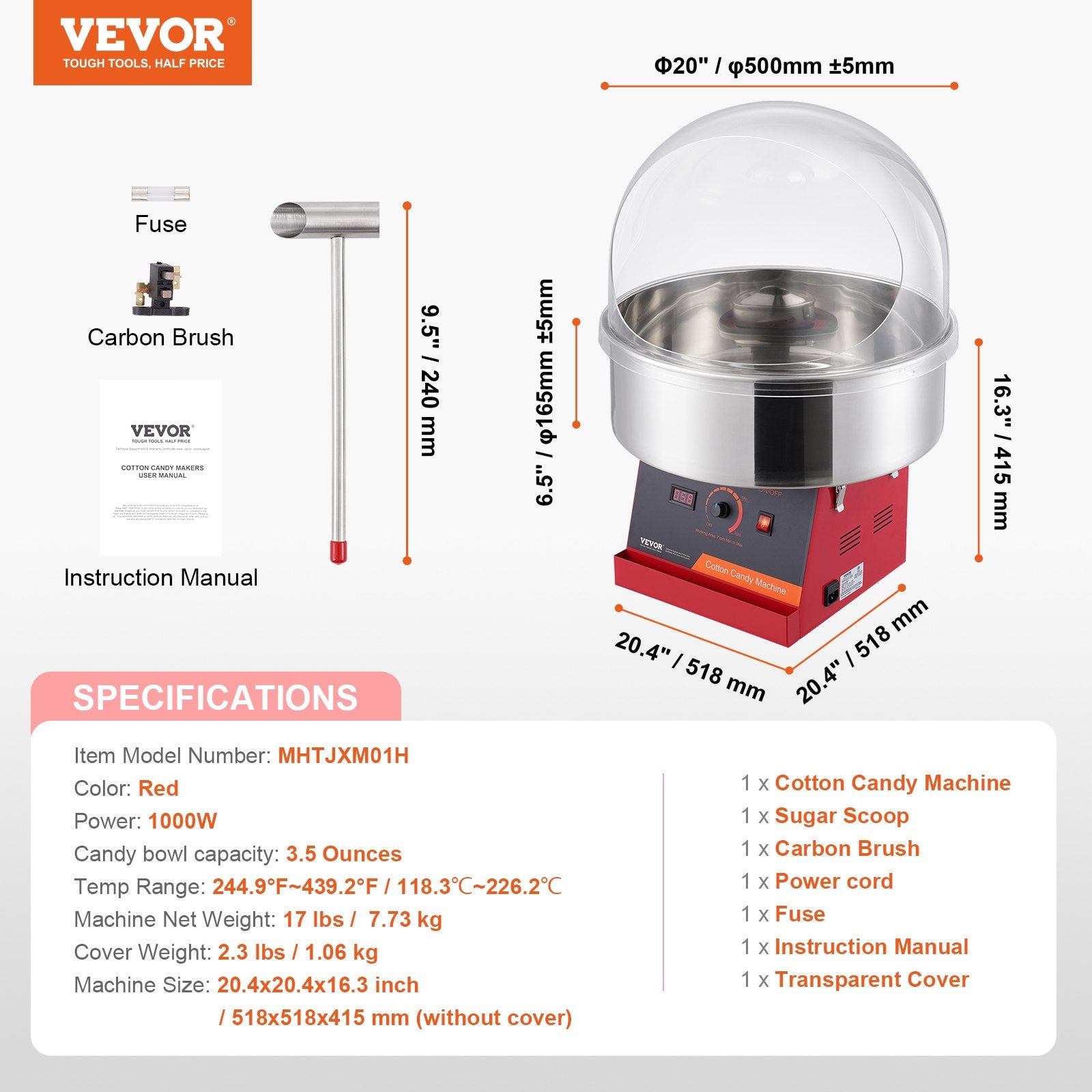 1000W Cotton Candy Machine with Cover – Red