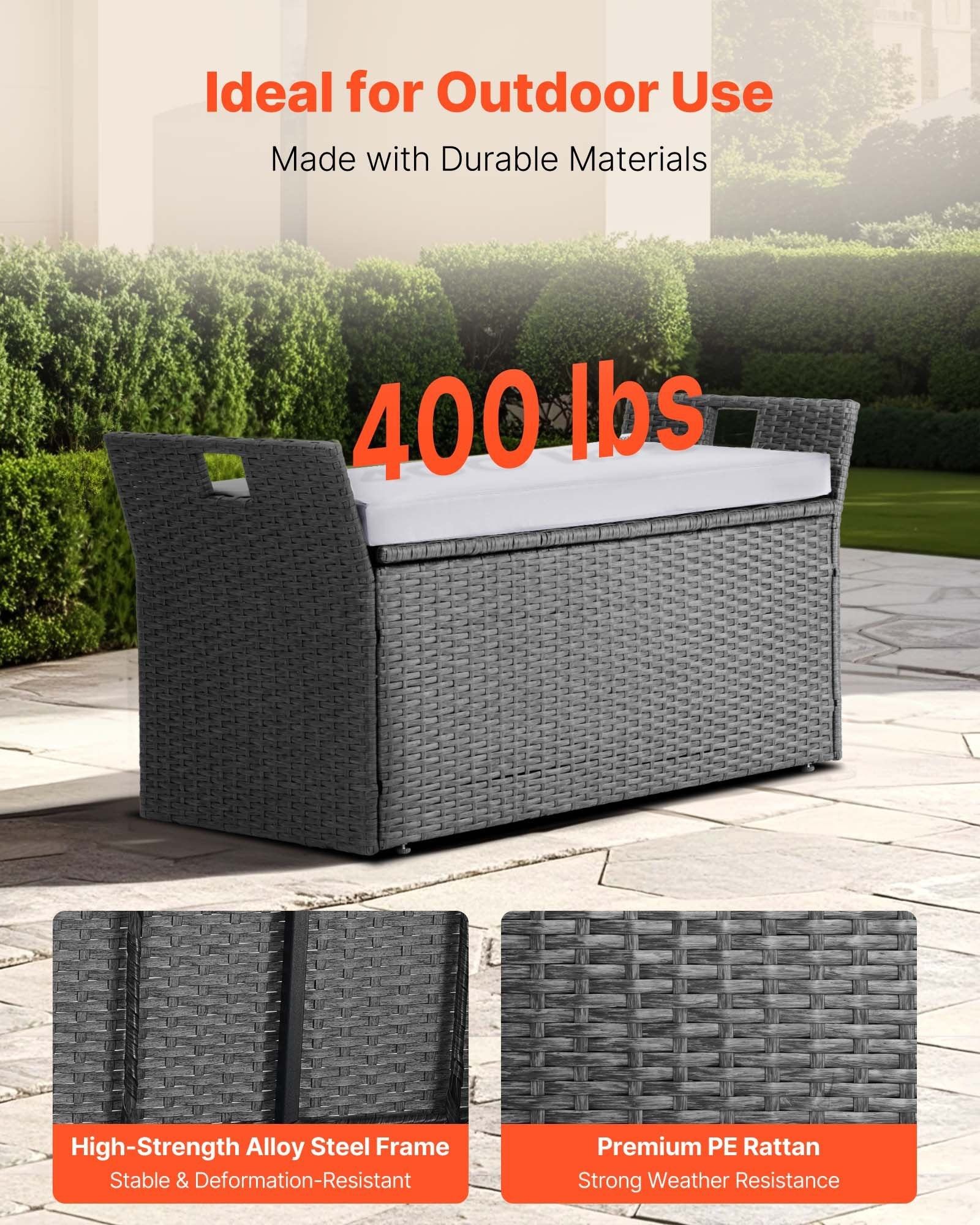 Outdoor Storage Bench, 2-Person PE Rattan Storage Bench, 151L Deck Box with Cushion & Side Handle, Supports up to 181kg, Weatherproof Outdoor Seating & Porch Decor for Patio Garden Balcony