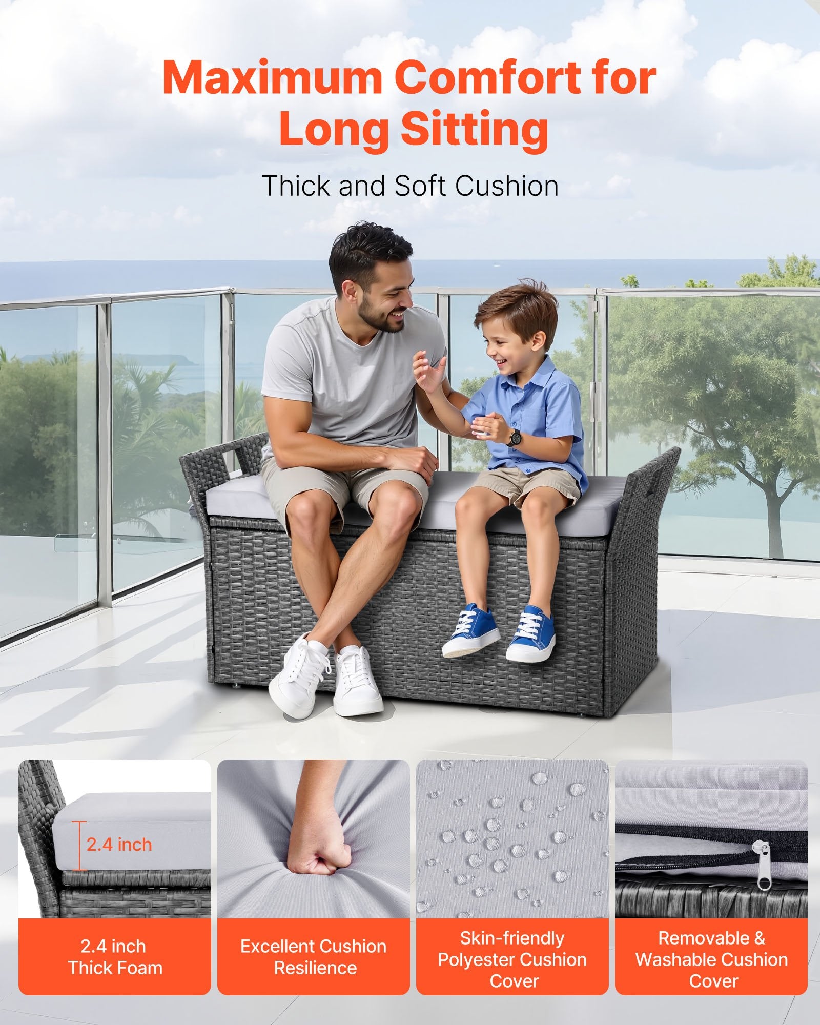 Outdoor Storage Bench, 2-Person PE Rattan Storage Bench, 151L Deck Box with Cushion & Side Handle, Supports up to 181kg, Weatherproof Outdoor Seating & Porch Decor for Patio Garden Balcony