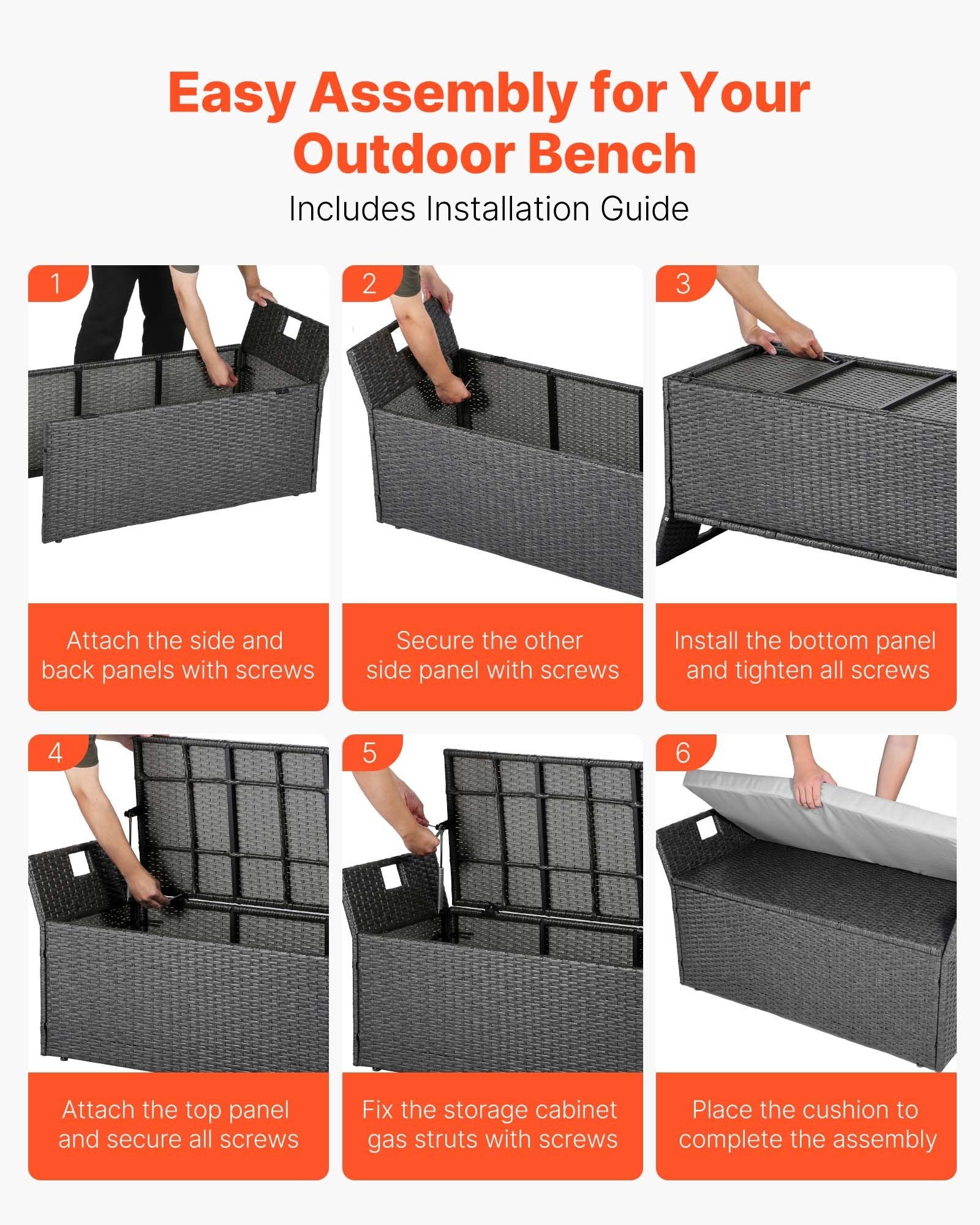 Outdoor Storage Bench, 2-Person PE Rattan Storage Bench, 151L Deck Box with Cushion & Side Handle, Supports up to 181kg, Weatherproof Outdoor Seating & Porch Decor for Patio Garden Balcony