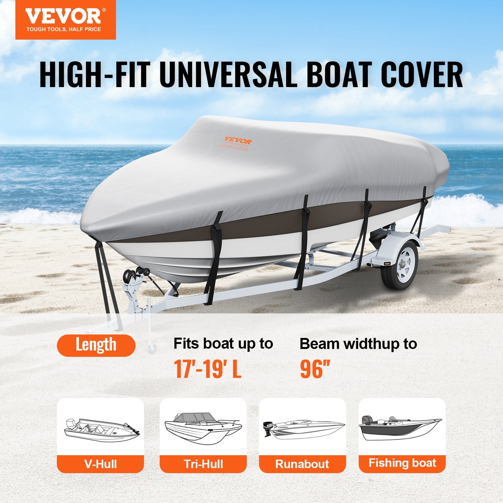 Boat Cover 600D Waterproof 17-19 ft Boat Cover V-Hull Tri-Hull Runabout
