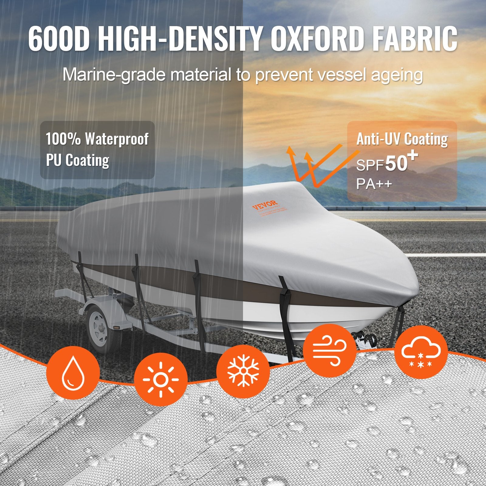 Boat Cover 600D Waterproof 23-24 ft Boat Cover V-Hull Tri-Hull Runabout
