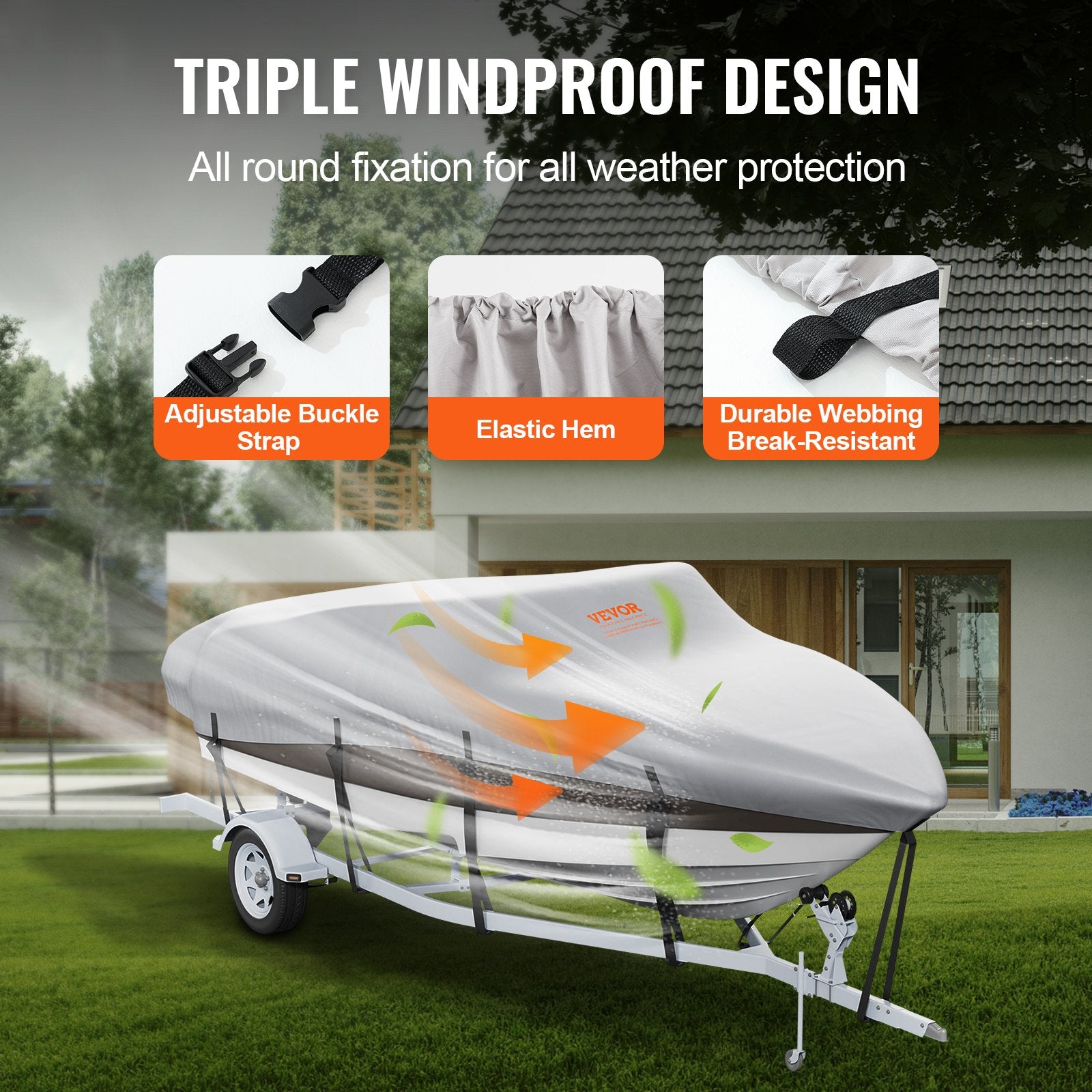 Boat Cover 600D Waterproof 23-24 ft Boat Cover V-Hull Tri-Hull Runabout