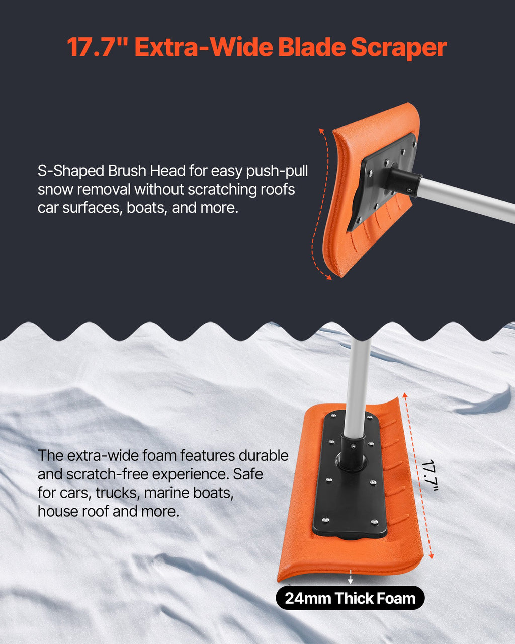 Snow Roof Rake, 45cm Foam Blade, 2.25-5.62 m Adjustable Roof Snow Scraper, Extension Tubes & Non-Slip Handle, Lightweight Snows Removal Tool for House Leaves Debris Clearing