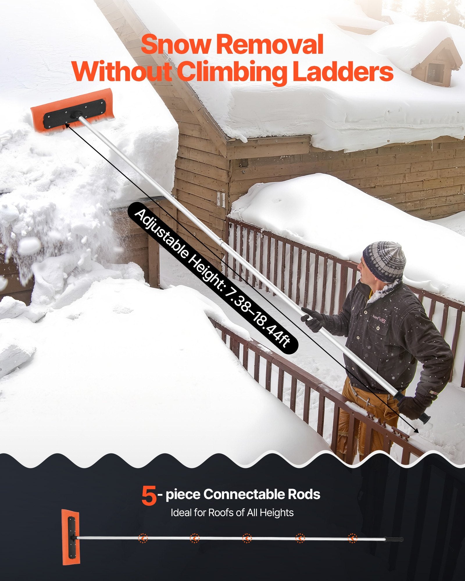Snow Roof Rake, 45cm Foam Blade, 2.25-5.62 m Adjustable Roof Snow Scraper, Extension Tubes & Non-Slip Handle, Lightweight Snows Removal Tool for House Leaves Debris Clearing