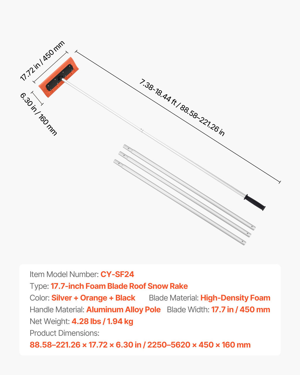 Snow Roof Rake, 45cm Foam Blade, 2.25-5.62 m Adjustable Roof Snow Scraper, Extension Tubes & Non-Slip Handle, Lightweight Snows Removal Tool for House Leaves Debris Clearing