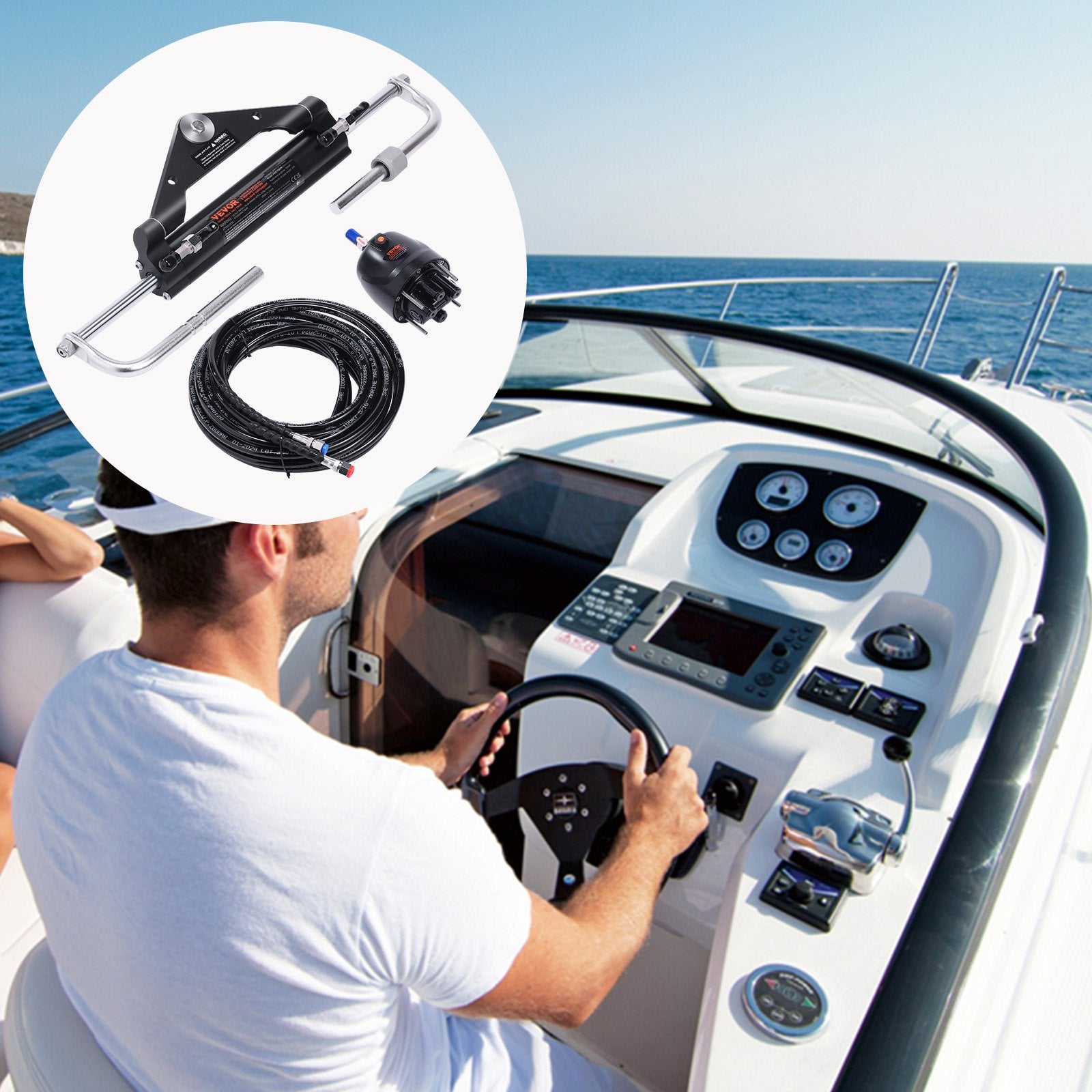 150HP Hydraulic Outboard Steering Kit Boat Marine System, Built-in Two-Way Lock Cylinder, 150HP Pump and High-Strength Nylon Hose for Single Station, Single-Engine use
