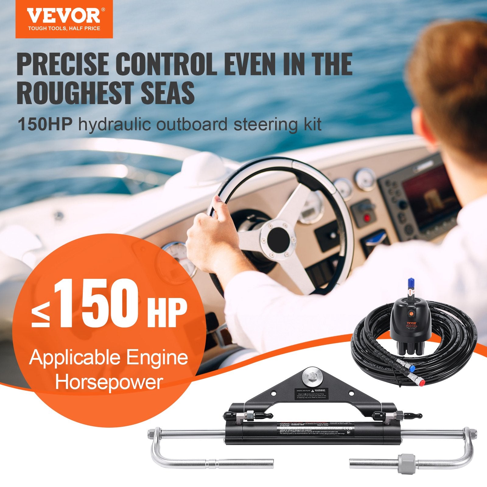 Hydraulic Outboard Steering Kit, 150HP, Marine Boat Hydraulic Steering System, with Helm Pump Two-Way Lock Cylinder and 24 Feet Hydraulic Steering Hose, for Single Station Single-Engine Boats