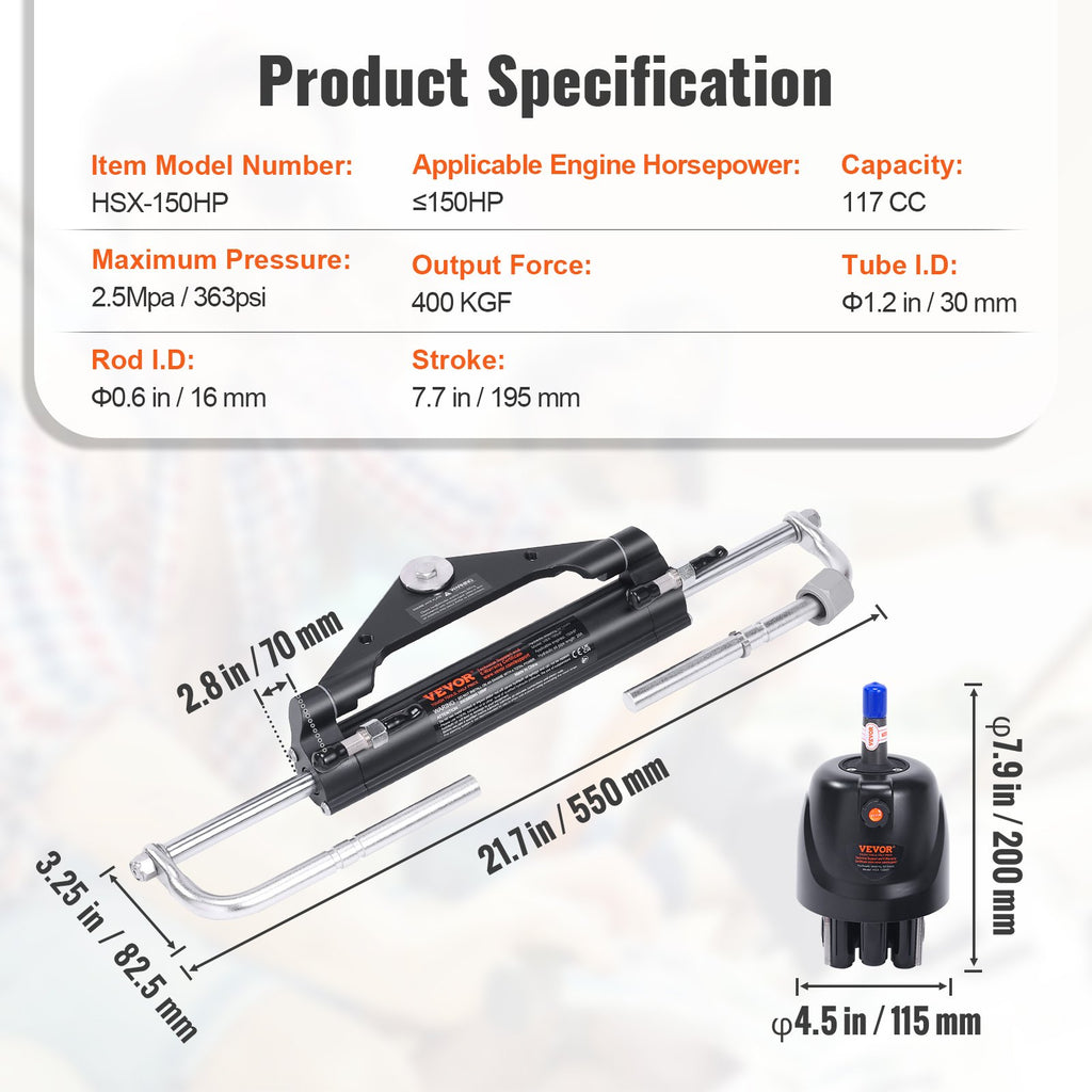Hydraulic Outboard Steering Kit, 150HP, Marine Boat Hydraulic Steering System, with Helm Pump Two-Way Lock Cylinder and 24 Feet Hydraulic Steering Hose, for Single Station Single-Engine Boats