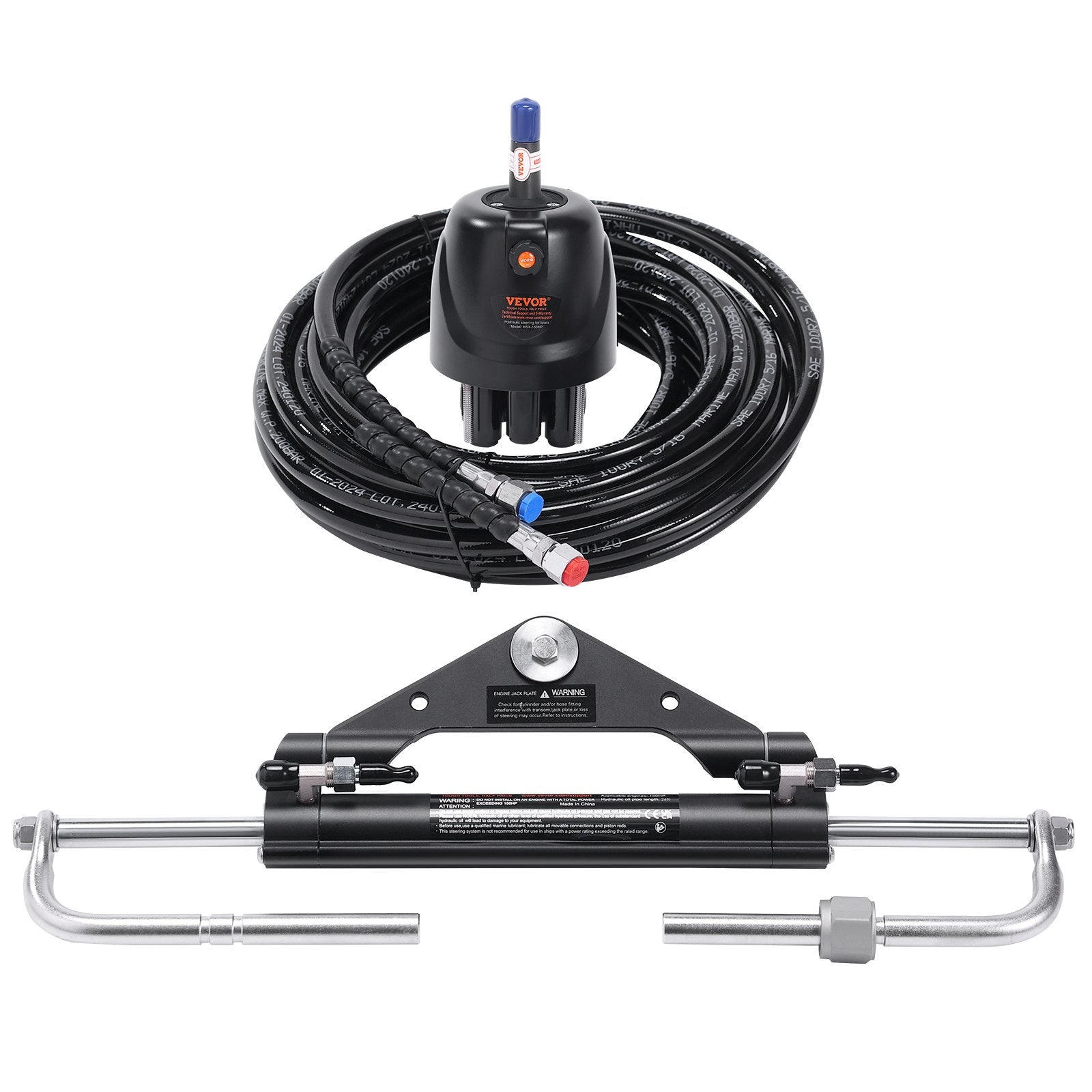 Hydraulic Outboard Steering Kit, 150HP, Marine Boat Hydraulic Steering System, with Helm Pump Two-Way Lock Cylinder and 24 Feet Hydraulic Steering Hose, for Single Station Single-Engine Boats