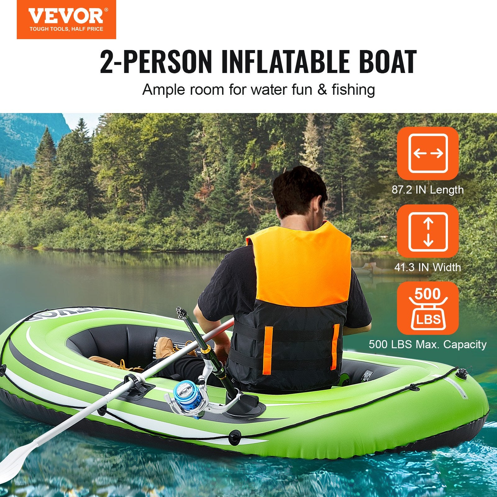 Inflatable Boat, 2-Person Inflatable Fishing Boat, Strong PVC Portable Boat Raft Kayak, Includes 1158 mm Aluminum Oars, High-Output Pump and Fishing Rod Holders, 227 kg Capacity for Adults, Kids