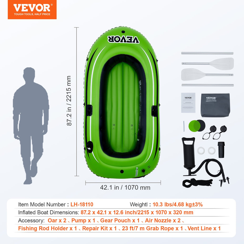 Inflatable Boat, 2-Person Inflatable Fishing Boat, Strong PVC Portable Boat Raft Kayak, Includes 1158 mm Aluminum Oars, High-Output Pump and Fishing Rod Holders, 227 kg Capacity for Adults, Kids