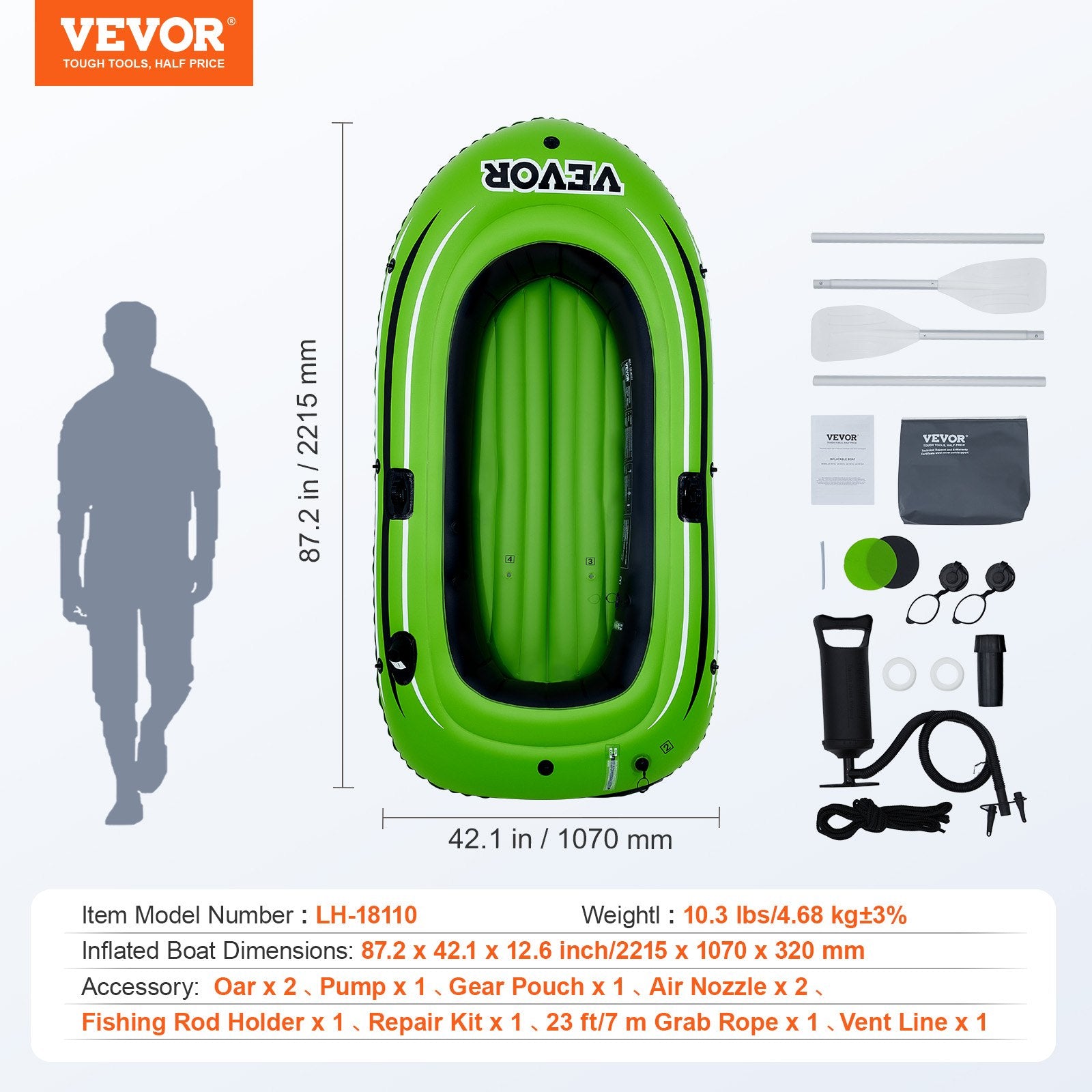 Inflatable Boat, 2-Person Inflatable Fishing Boat, Strong PVC Portable Boat Raft Kayak, Includes 1158 mm Aluminum Oars, High-Output Pump and Fishing Rod Holders, 227 kg Capacity for Adults, Kids