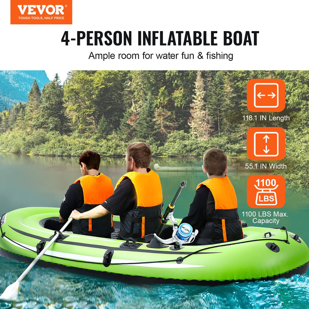 Inflatable Boat, 4-Person Inflatable Fishing Boat, Strong PVC Portable Boat Raft Kayak, 1158mm Aluminum Oars, High-Output Pump, Fishing Rod Holders, and 2 Seats, 1100 lb Capacity for Adults Kids