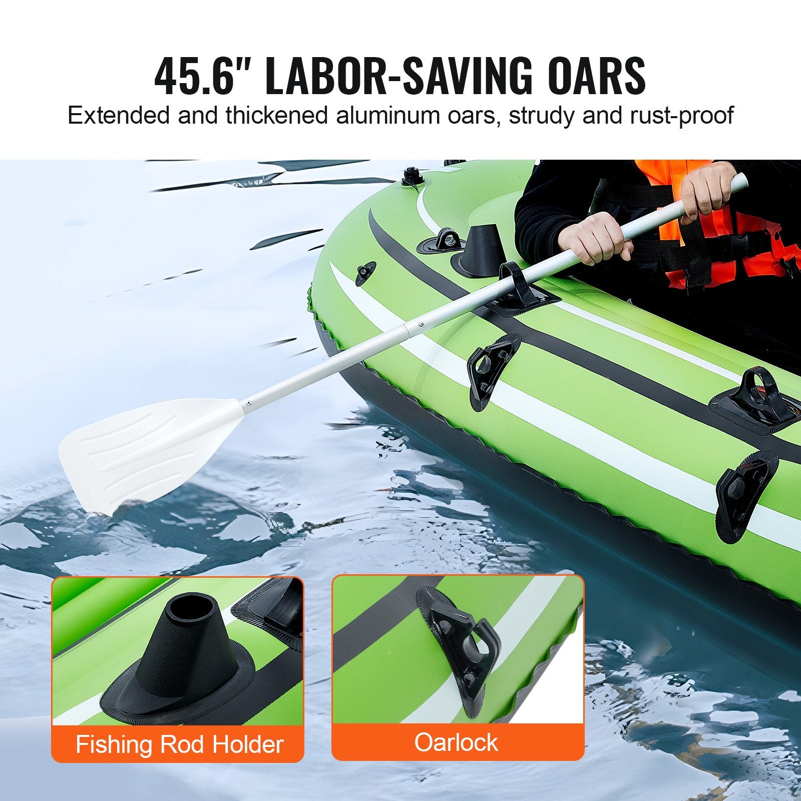 Inflatable Boat, 4-Person Inflatable Fishing Boat, Strong PVC Portable Boat Raft Kayak, 1158mm Aluminum Oars, High-Output Pump, Fishing Rod Holders, and 2 Seats, 1100 lb Capacity for Adults Kids
