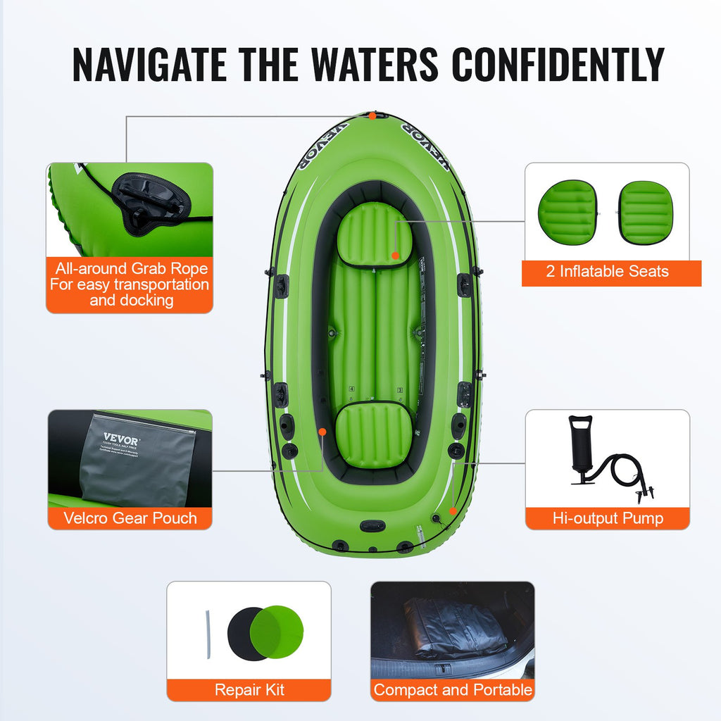Inflatable Boat, 4-Person Inflatable Fishing Boat, Strong PVC Portable Boat Raft Kayak, 1158mm Aluminum Oars, High-Output Pump, Fishing Rod Holders, and 2 Seats, 1100 lb Capacity for Adults Kids