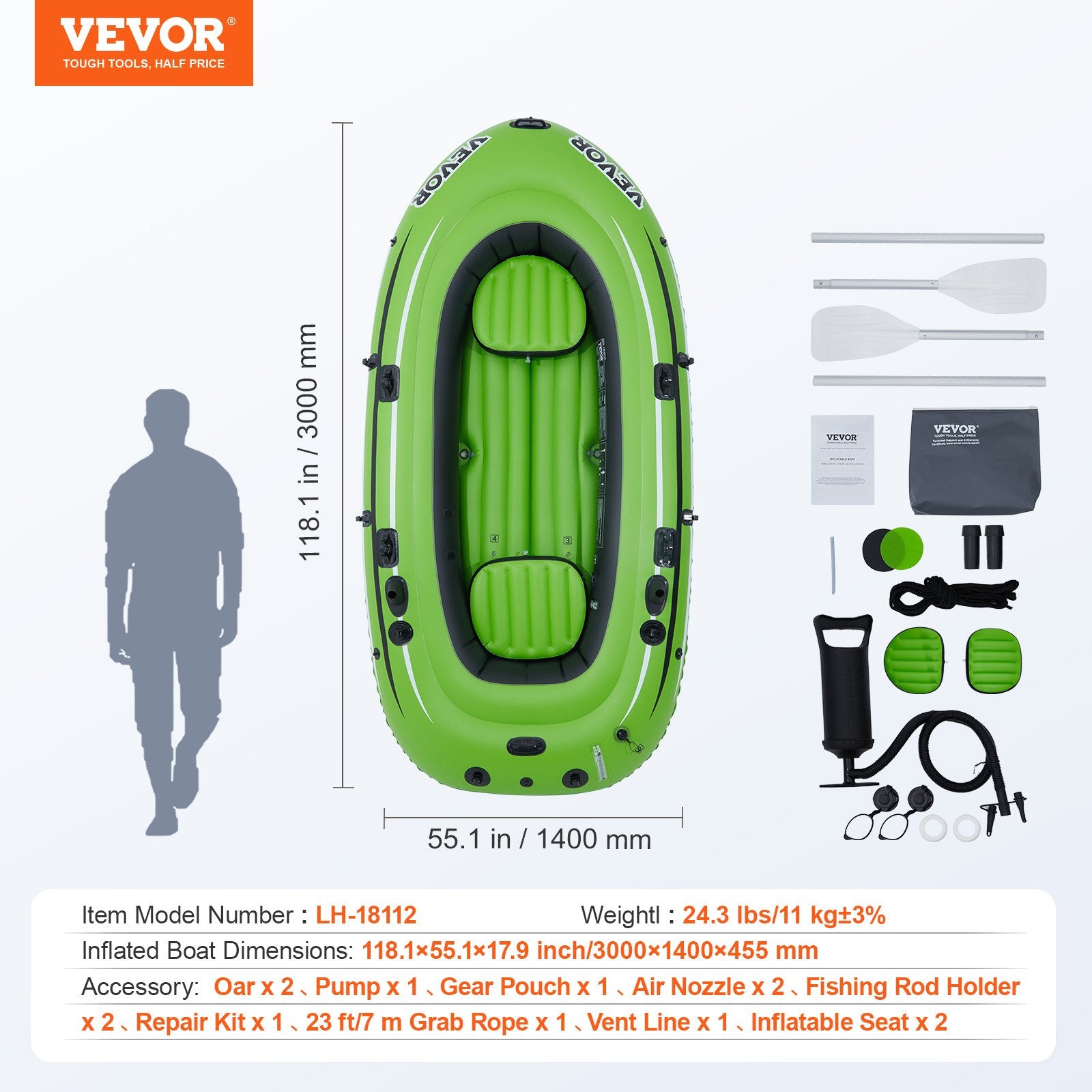 Inflatable Boat, 4-Person Inflatable Fishing Boat, Strong PVC Portable Boat Raft Kayak, 1158mm Aluminum Oars, High-Output Pump, Fishing Rod Holders, and 2 Seats, 1100 lb Capacity for Adults Kids