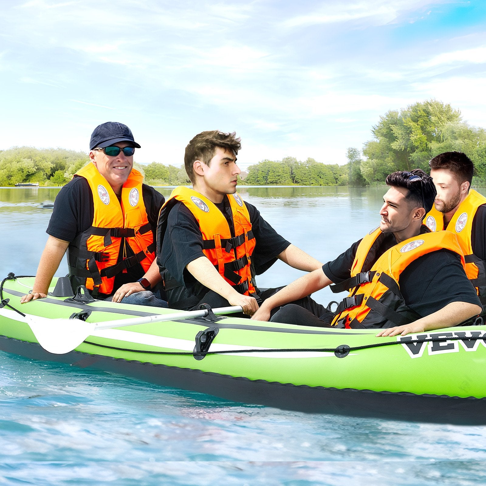 Inflatable Boat, 4-Person Inflatable Fishing Boat, Strong PVC Portable Boat Raft Kayak, 1158mm Aluminum Oars, High-Output Pump, Fishing Rod Holders, and 2 Seats, 1100 lb Capacity for Adults Kids
