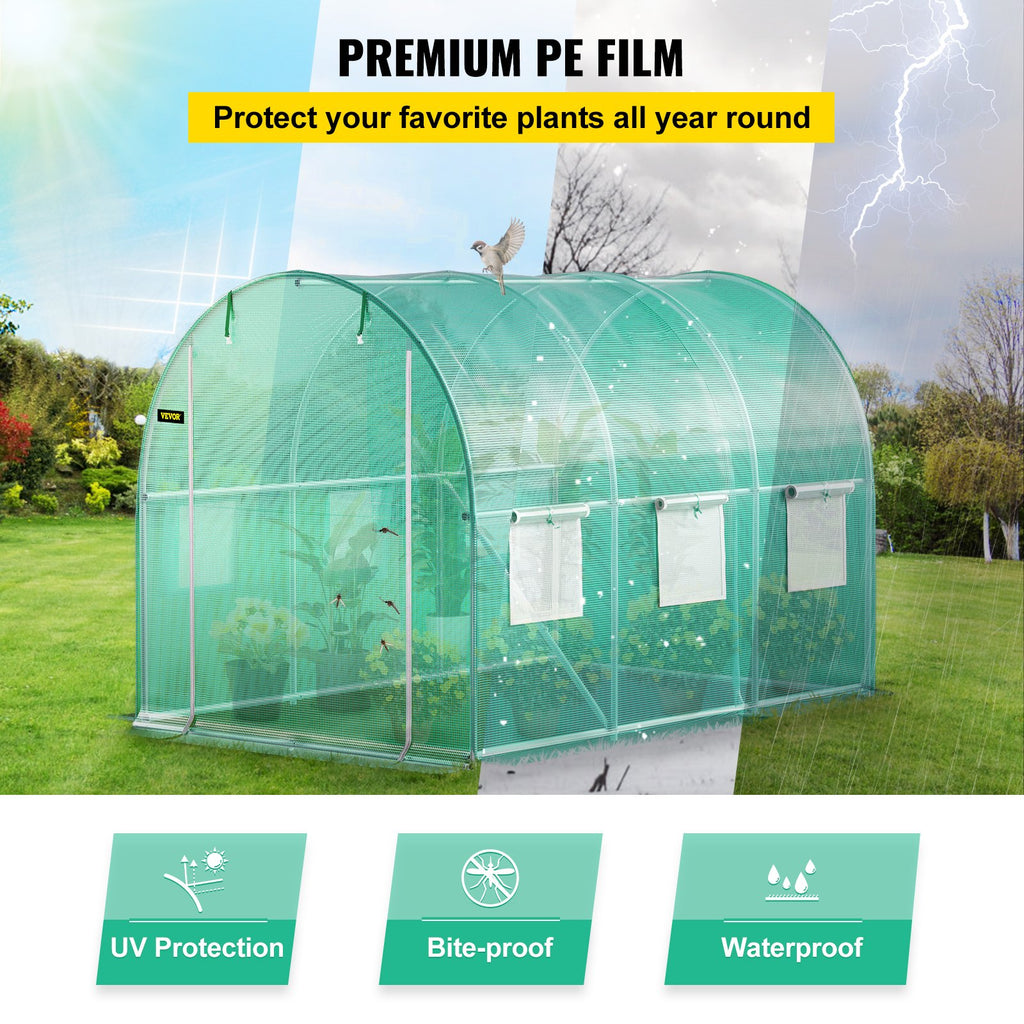 Walk-in Tunnel Greenhouse, 3 x 2 x 2 m, Portable Plant Hot House with Galvanised Steel Frame, 1 Top Bar, Diagonal Poles, Zipper Door and 6 Roll-Up Windows, Green