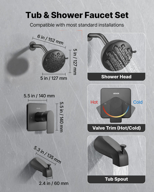 127mm Rain Shower and Bath Faucet Set – Matte Black, 8 Spray Modes