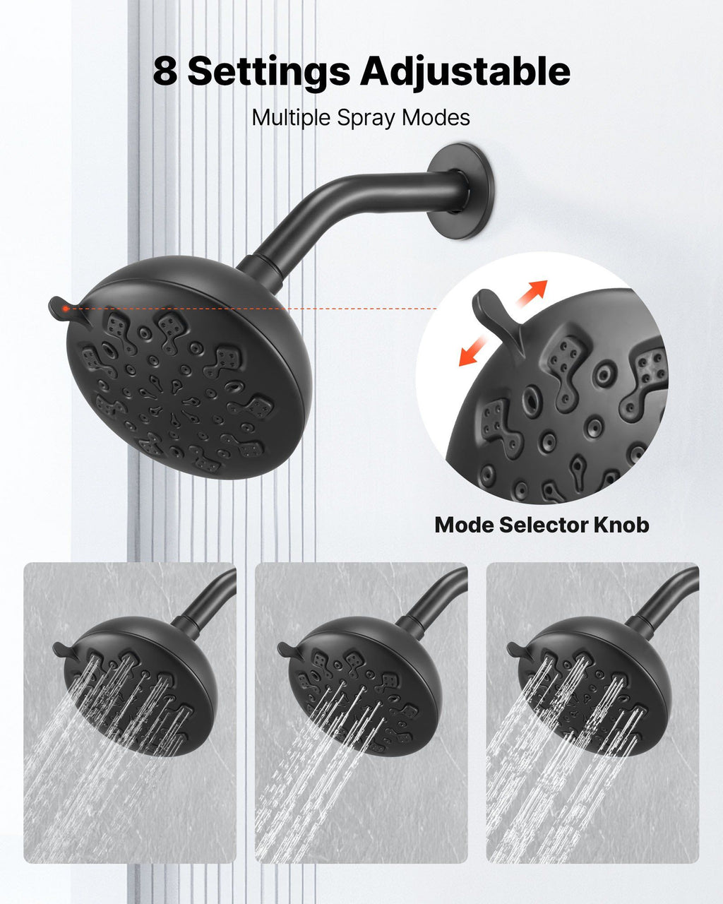 Tub and Shower Faucet Set, 127 mm Rainfall Shower Head and Bathtub Spout, Complete Single-Handle Tub Trim Kit with Brass Pressure Balancing Valve, 8-Setting Adjustable Spray Modes, Matte Black