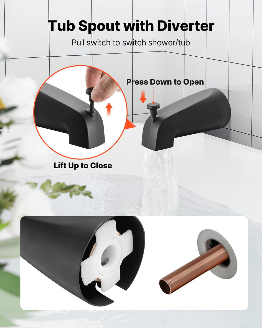 Tub and Shower Faucet Set, 127 mm Rainfall Shower Head and Bathtub Spout, Complete Single-Handle Tub Trim Kit with Brass Pressure Balancing Valve, 8-Setting Adjustable Spray Modes, Matte Black