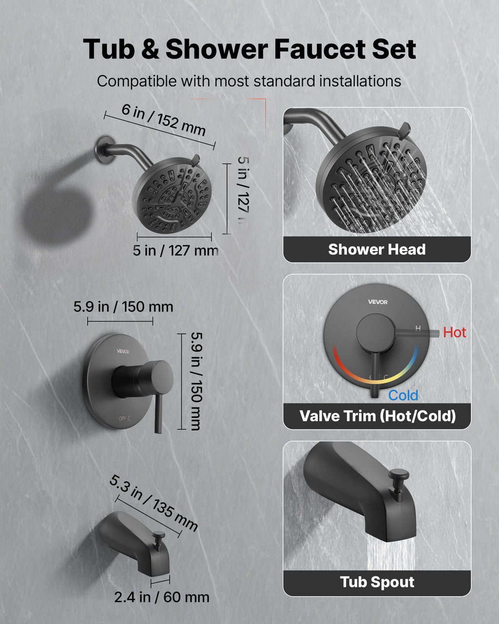 Tub and Shower Faucet Set, Complete with 127 mm Rainfall Shower Head and Bathtub Spout, 8-Setting Adjustable Spray, Single-Handle Tub Trim Kit with Brass Pressure Balancing Valve, Matte Black