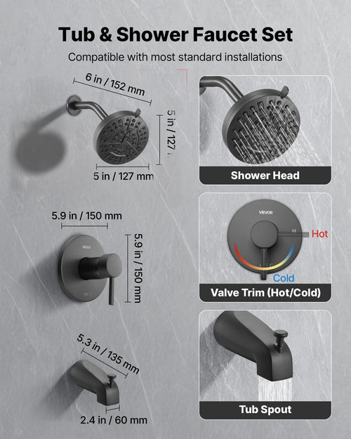 127mm Rain Shower and Bath Faucet Set – Matte Black, 8 Spray Modes