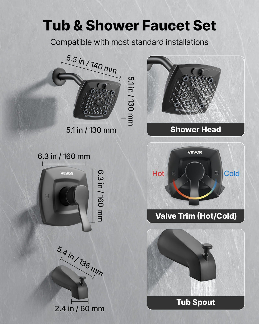 Tub and Shower Faucet Set, Complete with 130 mm Rainfall Shower Head and Bathtub Spout, 5-Setting Adjustable Spray, Single-Handle Tub Trim Kit with Brass Pressure Balancing Valve, Matte Black