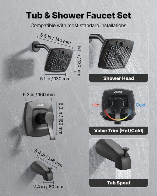 130mm Rain Shower and Bath Faucet Set – Matte Black, 5 Spray Modes