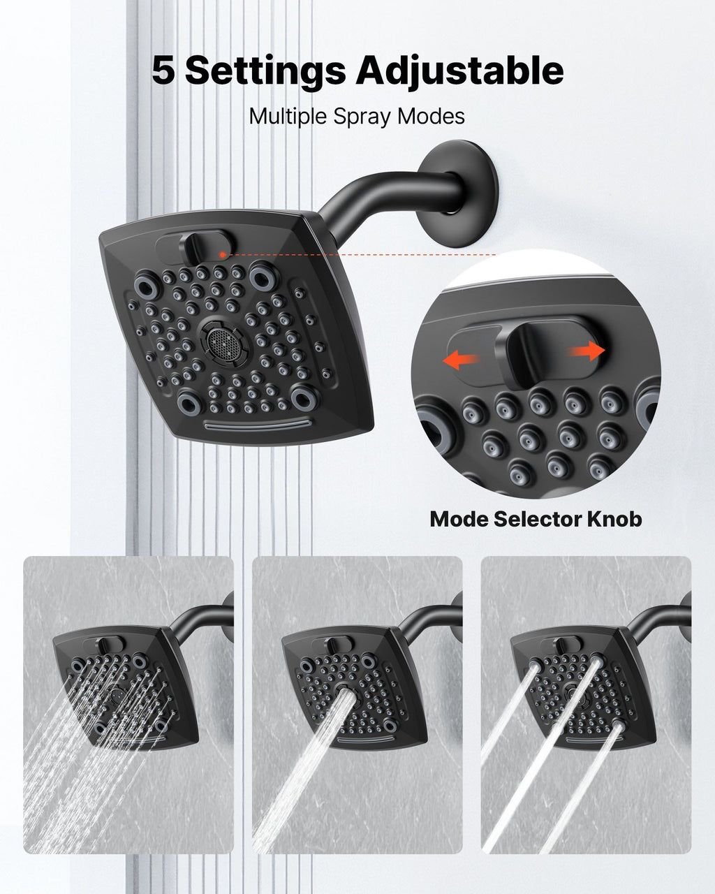 Tub and Shower Faucet Set, Complete with 130 mm Rainfall Shower Head and Bathtub Spout, 5-Setting Adjustable Spray, Single-Handle Tub Trim Kit with Brass Pressure Balancing Valve, Matte Black