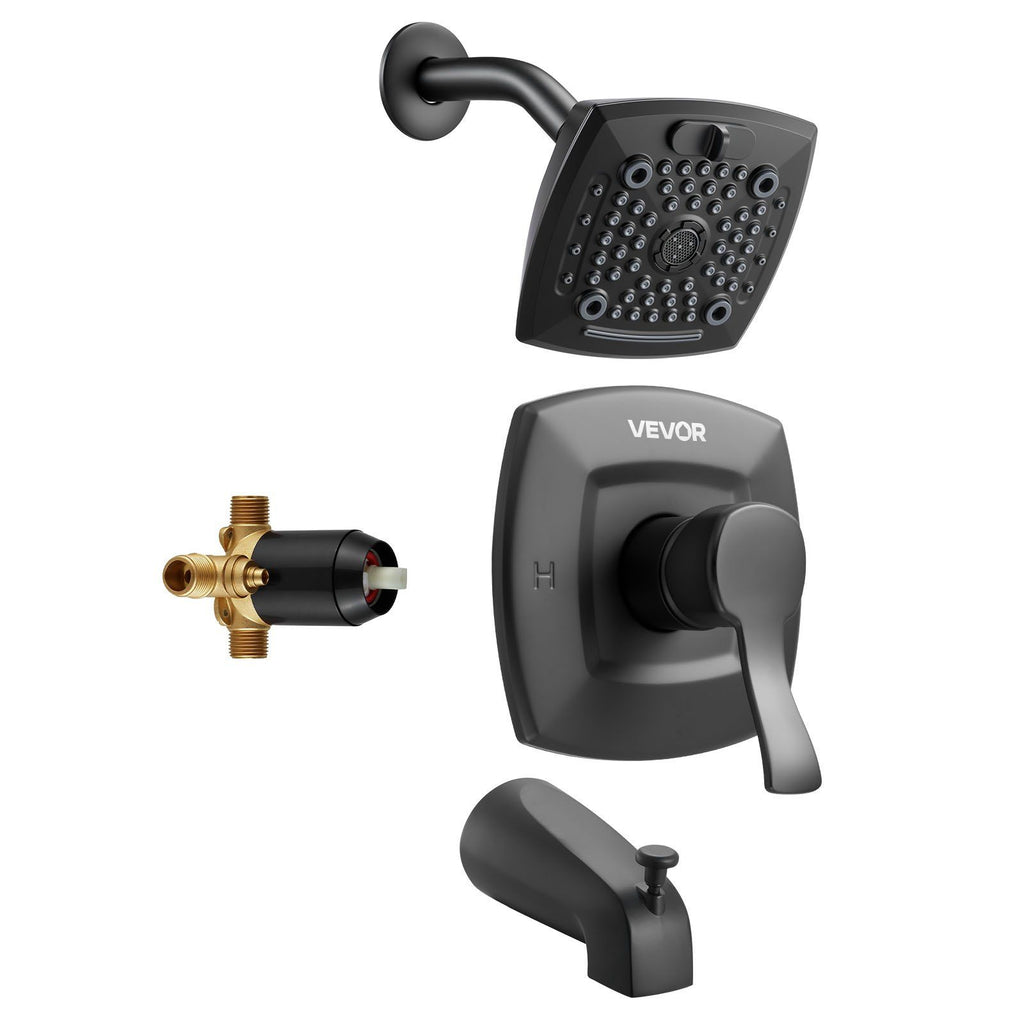 Tub and Shower Faucet Set, Complete with 130 mm Rainfall Shower Head and Bathtub Spout, 5-Setting Adjustable Spray, Single-Handle Tub Trim Kit with Brass Pressure Balancing Valve, Matte Black