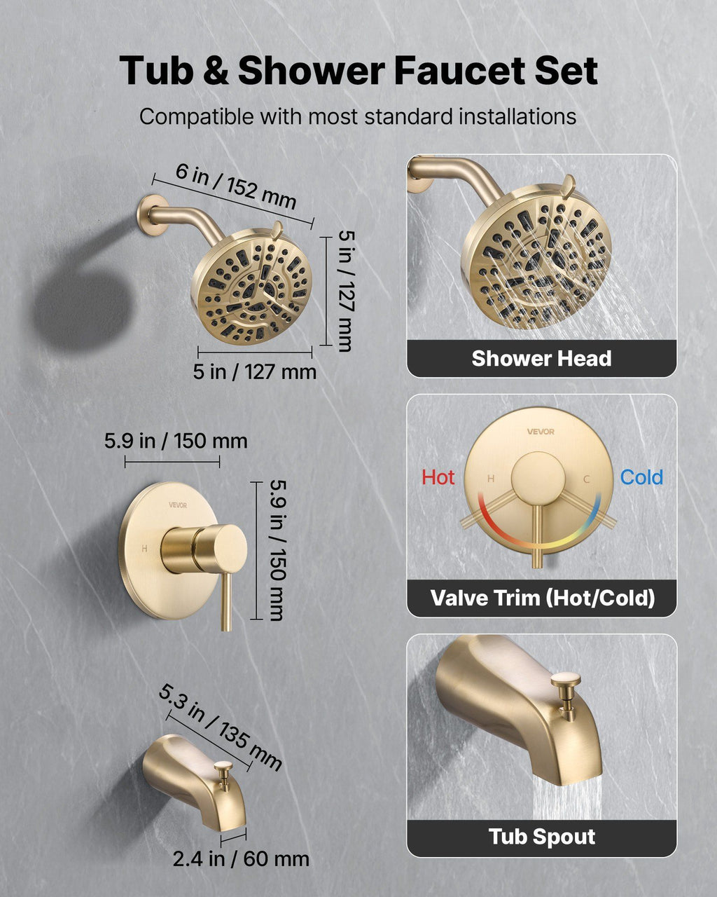 Tub and Shower Faucet Set, Complete with 127 mm Rainfall Shower Head and Bathtub Spout, 8-Setting Adjustable Spray, Single-Handle Tub Trim Kit with Brass Pressure Balancing Valve, Gold Finish