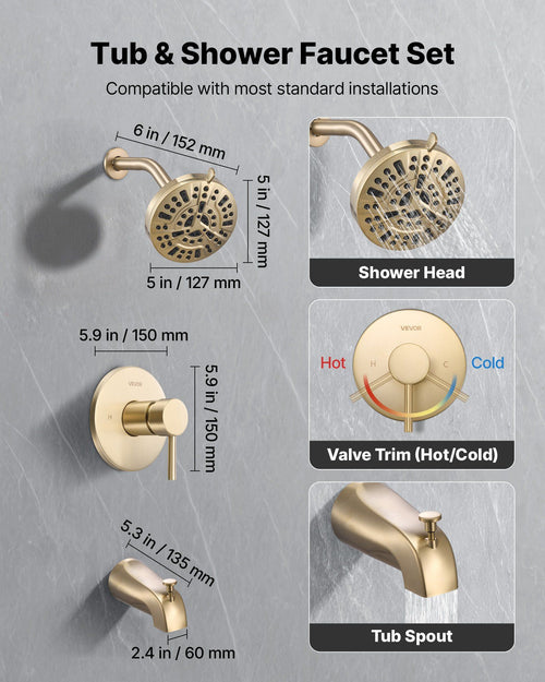 127mm Rain Shower and Bath Faucet Set – Gold, 8 Spray Modes