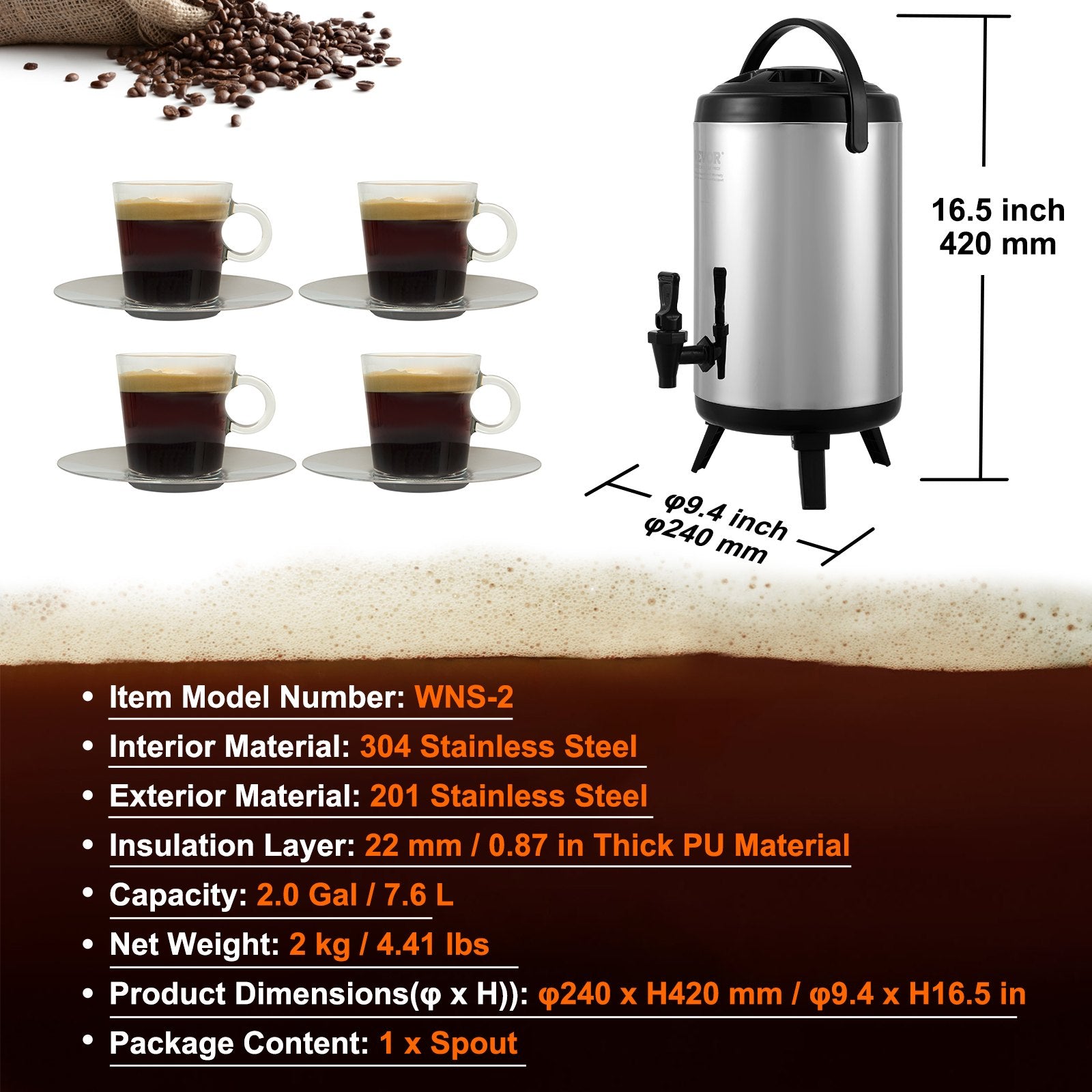 7.6L Stainless Steel Insulated Beverage Dispenser