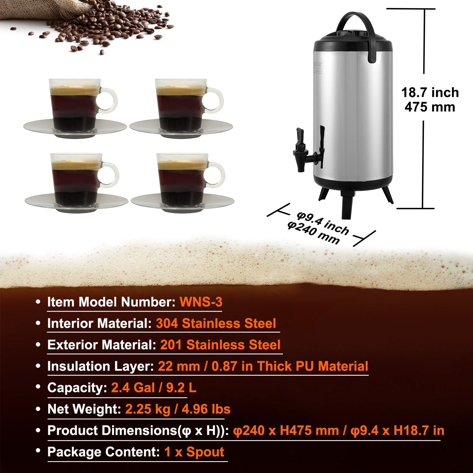 9.2L Stainless Steel Insulated Beverage Dispenser